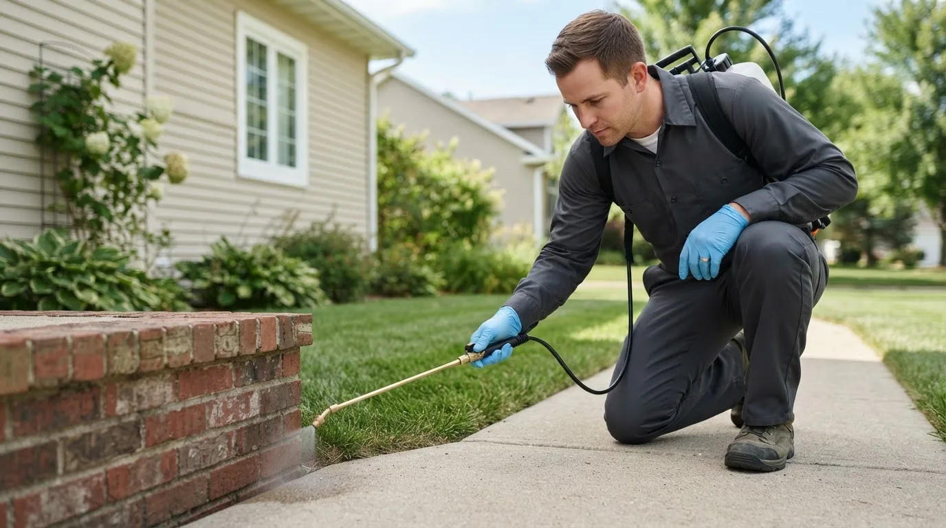 Pest control technician treating a home near Woodrow, CO